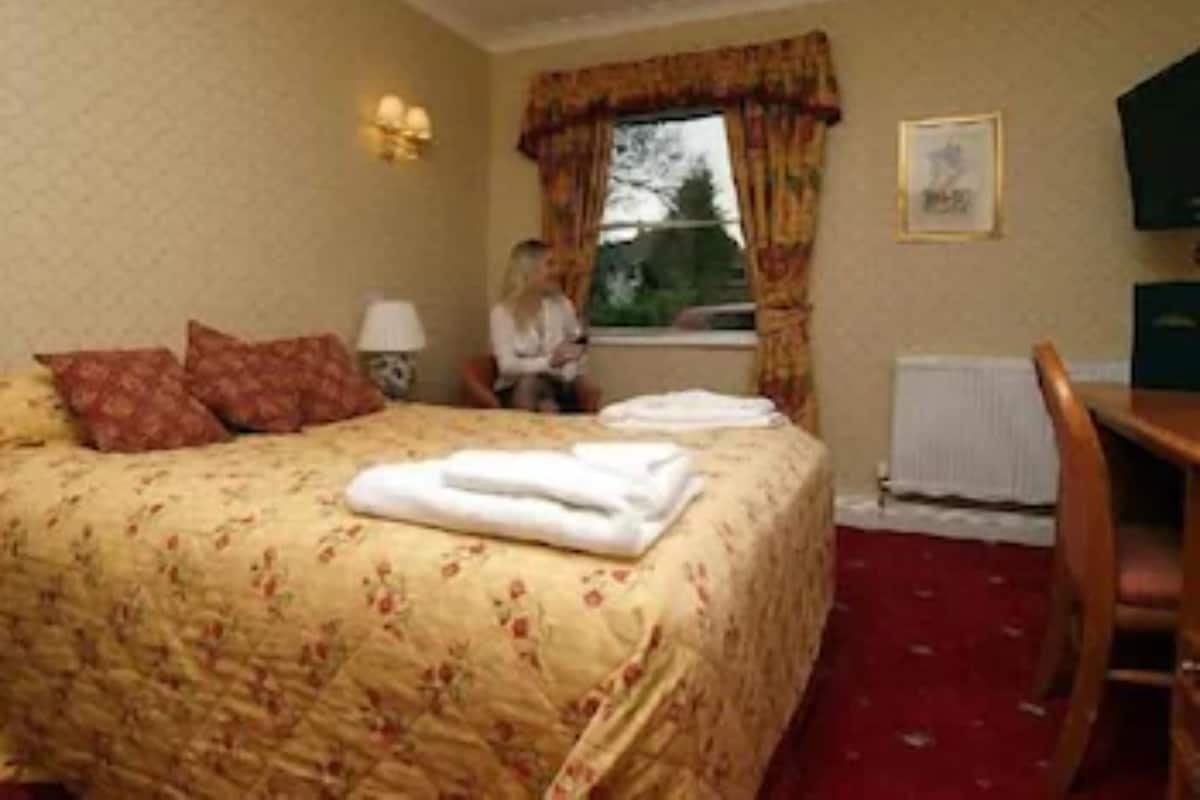 Une chambre d’hôtel avec un lit, une chaise, une fenêtre avec des rideaux, une lampe et un tableau encadré au mur.