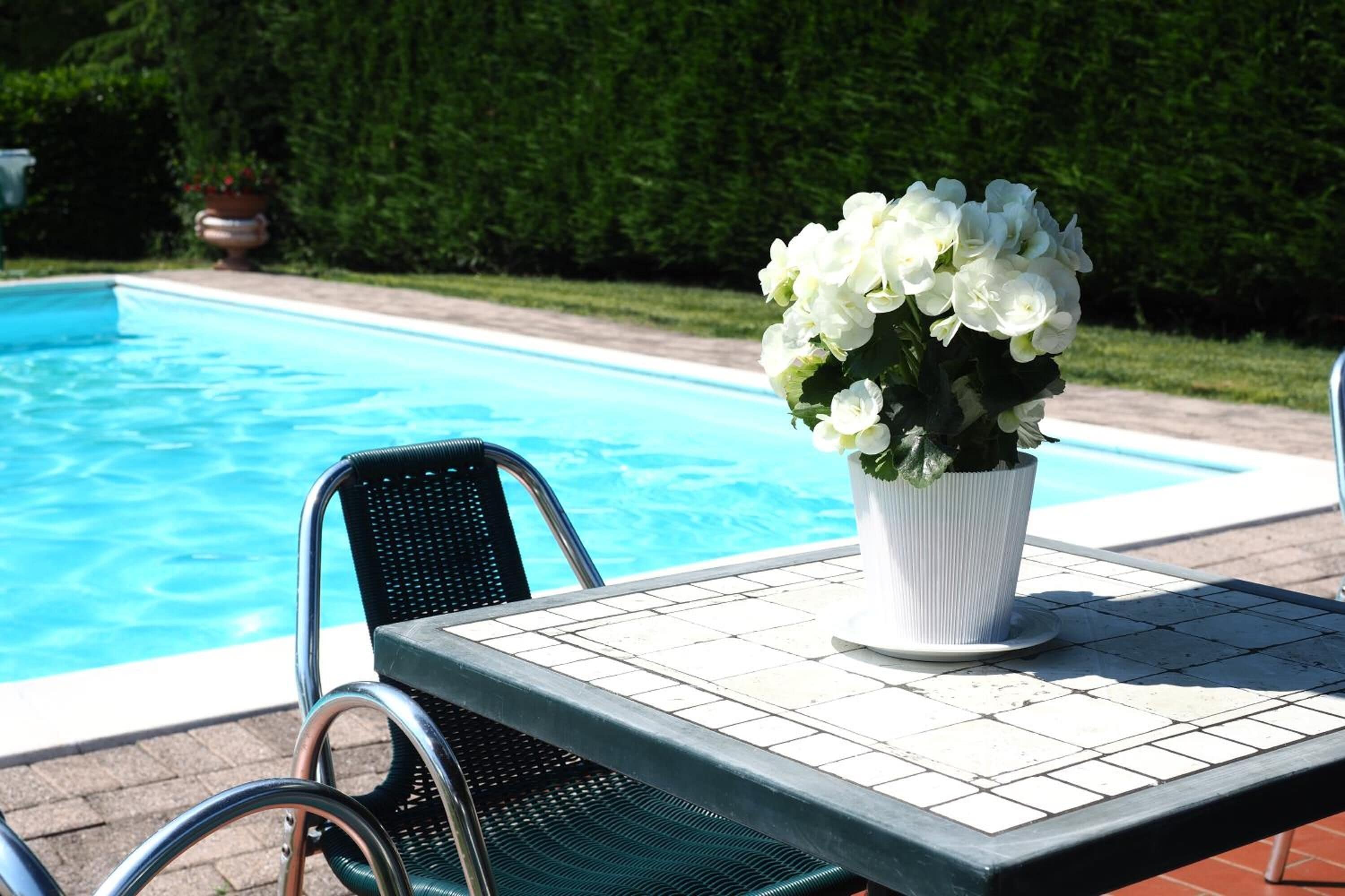 seasonal outdoor pool, pool umbrellas, pool loungers