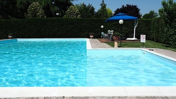 Seasonal outdoor pool, pool umbrellas, pool loungers