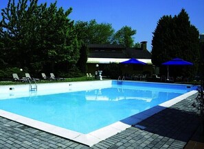 Seasonal outdoor pool, pool umbrellas, pool loungers