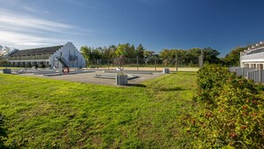 Un espacio exterior moderno con césped, una pelota de ejercicio roja y un edificio blanco con techo inclinado.