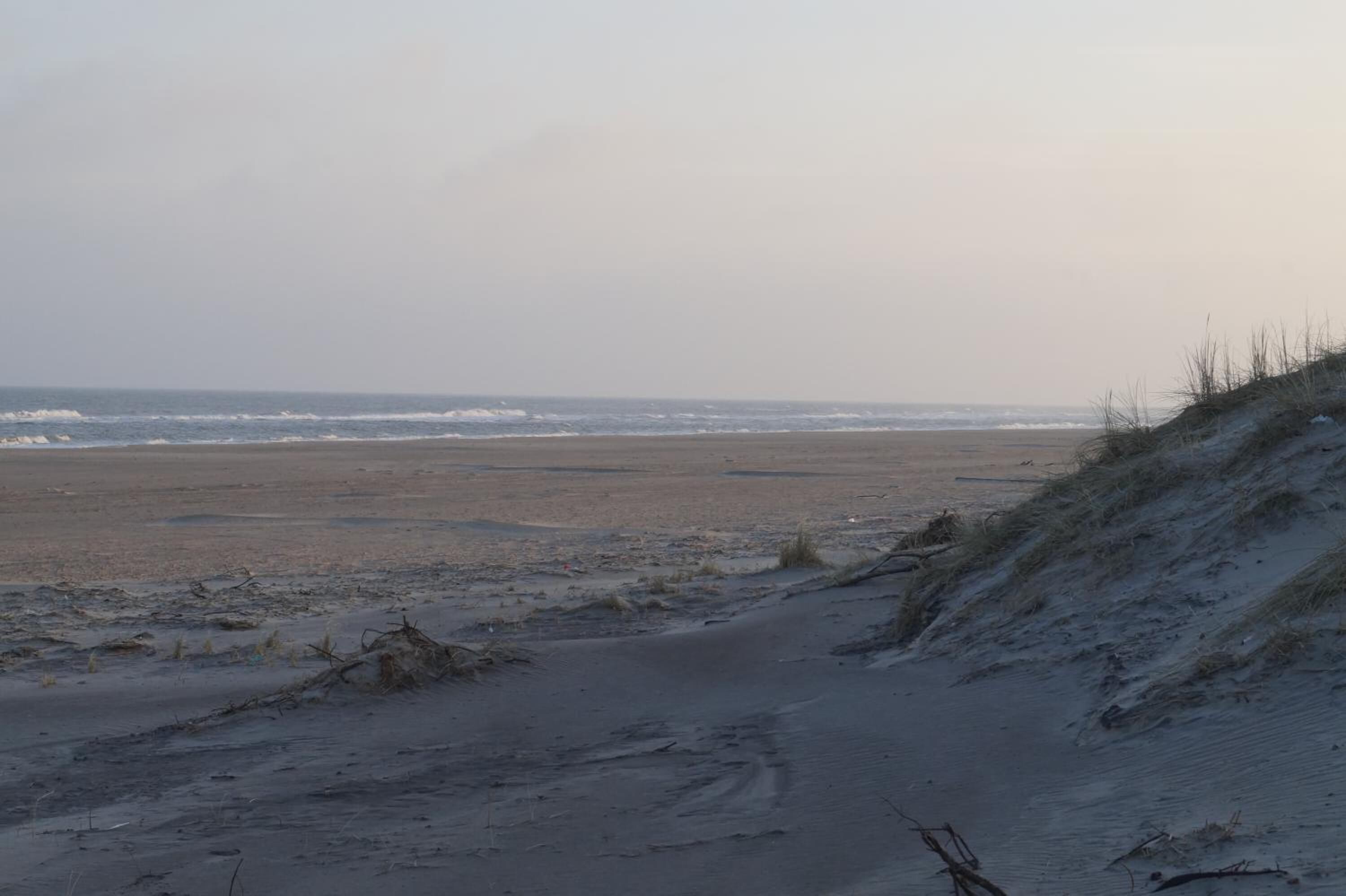 A beach with a sandy path leading to the water, a grassy dune, and the ocean in the background.
