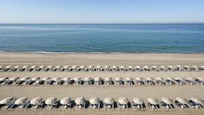 Una playa con hileras de sombrillas y tumbonas, un cielo despejado y el océano al fondo.