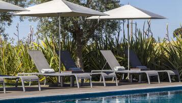 Seasonal outdoor pool, pool umbrellas, sun loungers