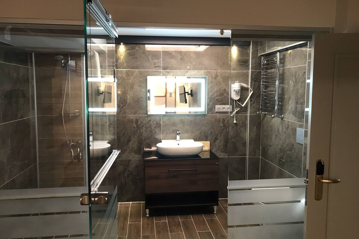 economy room, 1 queen bed with sofa bed (basement room) | bathroom | shower, rainfall showerhead, designer toiletries, hair dryer