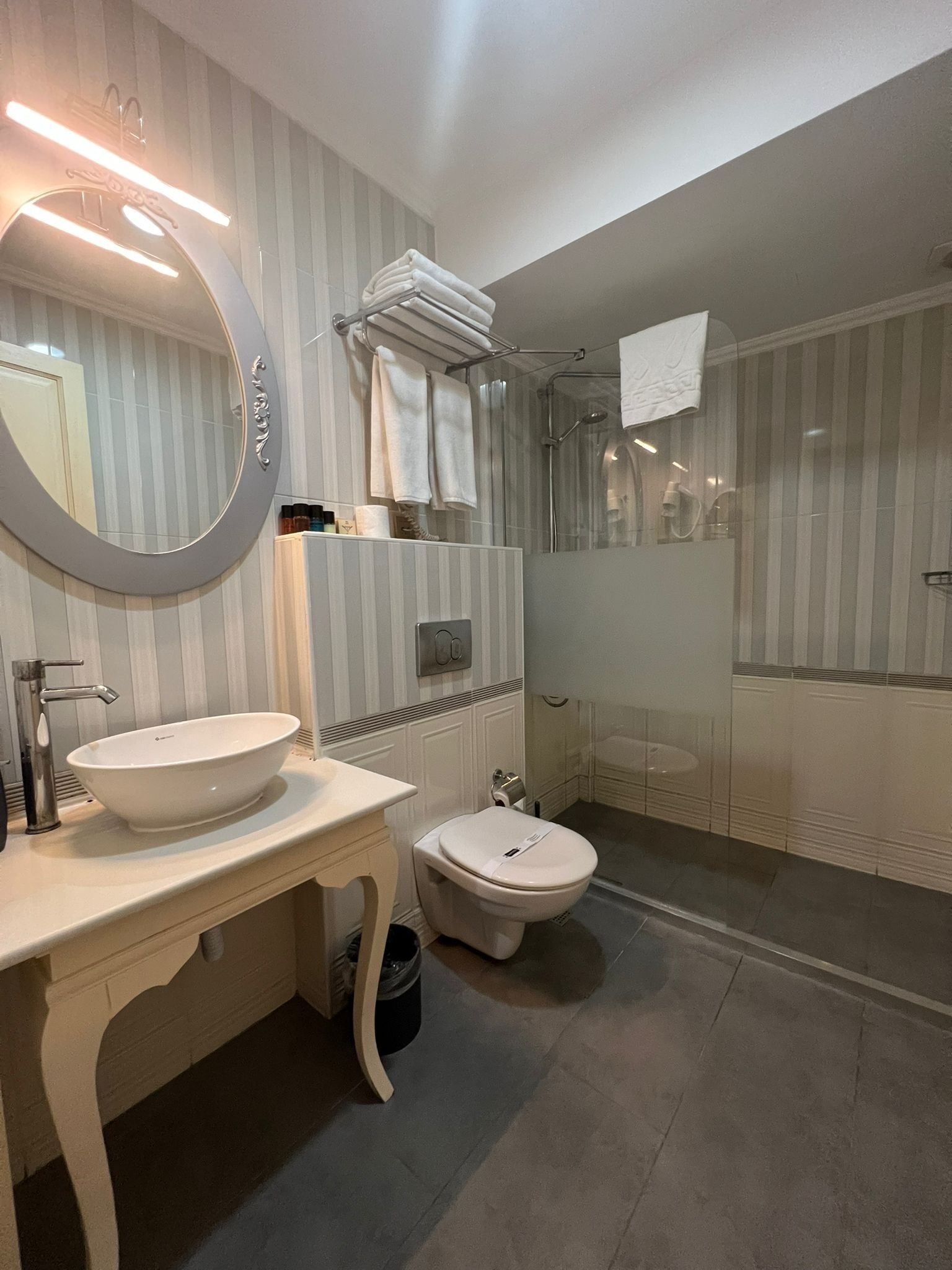 shower, rainfall showerhead, designer toiletries, hair dryer