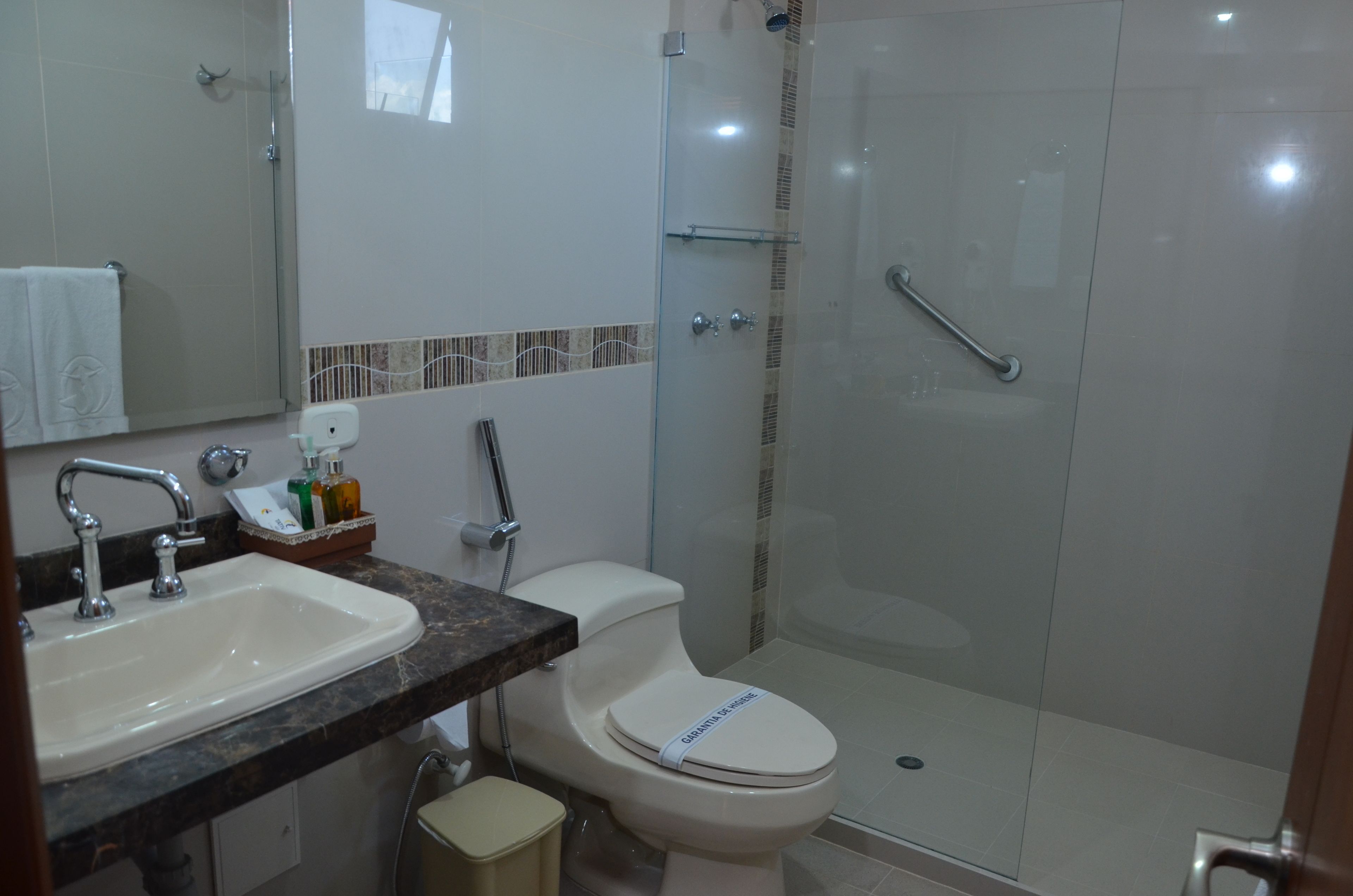 shower, rainfall showerhead, hair dryer, towels