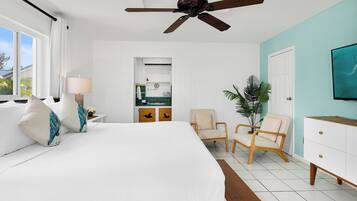 Une chambre d’hôtel avec un grand lit, un ventilateur de plafond, une salle de bain avec un lavabo et un miroir, une chaise, une plante et un téléviseur fixé au mur.