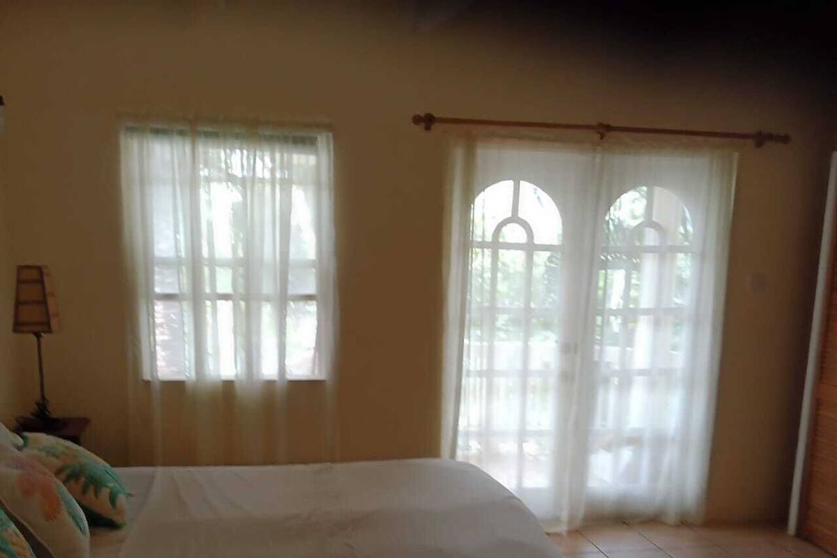 Une chambre avec un grand lit, deux fenêtres ornées de rideaux légers, et une vue sur la verdure environnante.