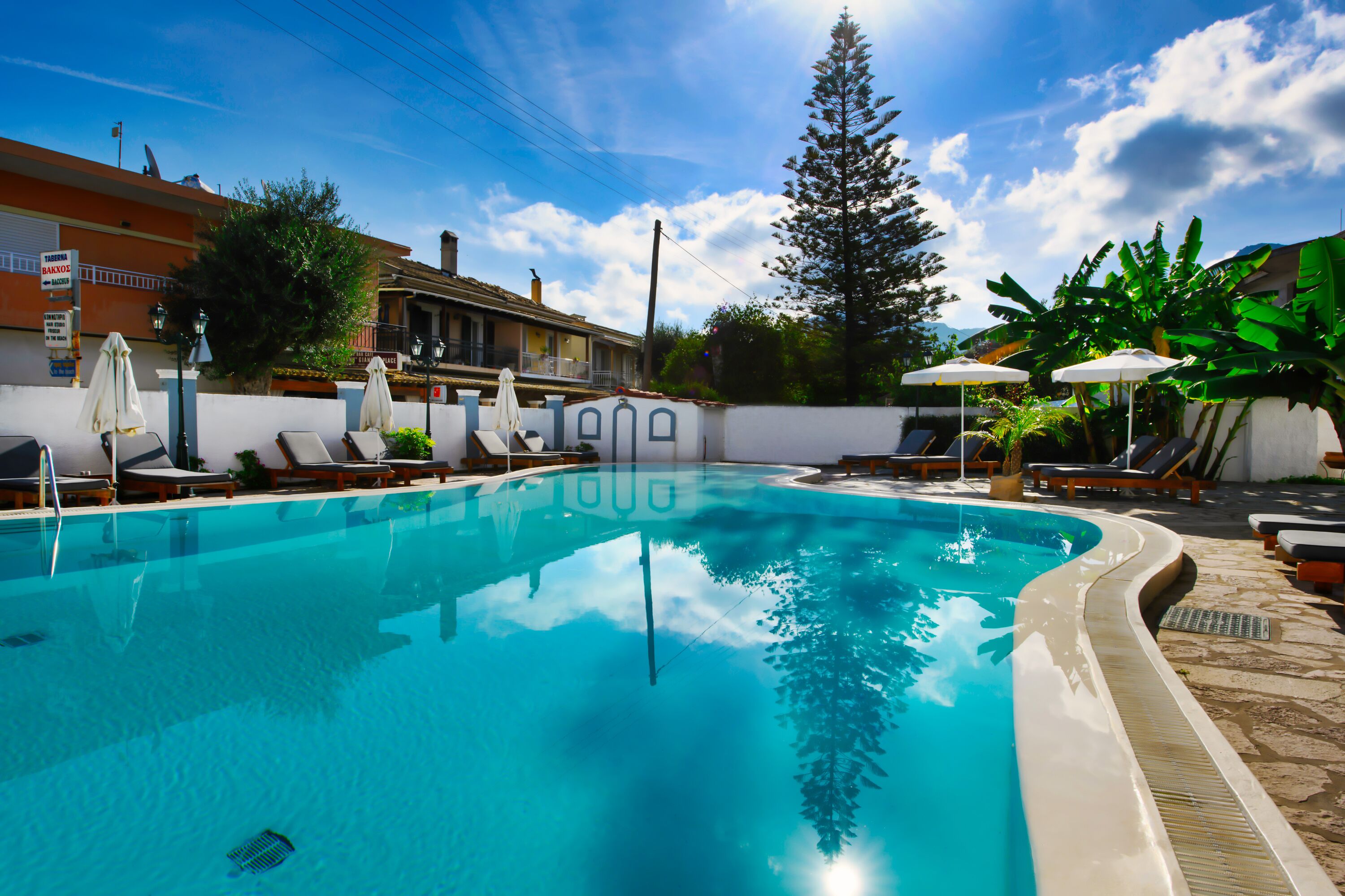 A swimming pool with lounge chairs and umbrellas, surrounded by a white wall and vegetation.