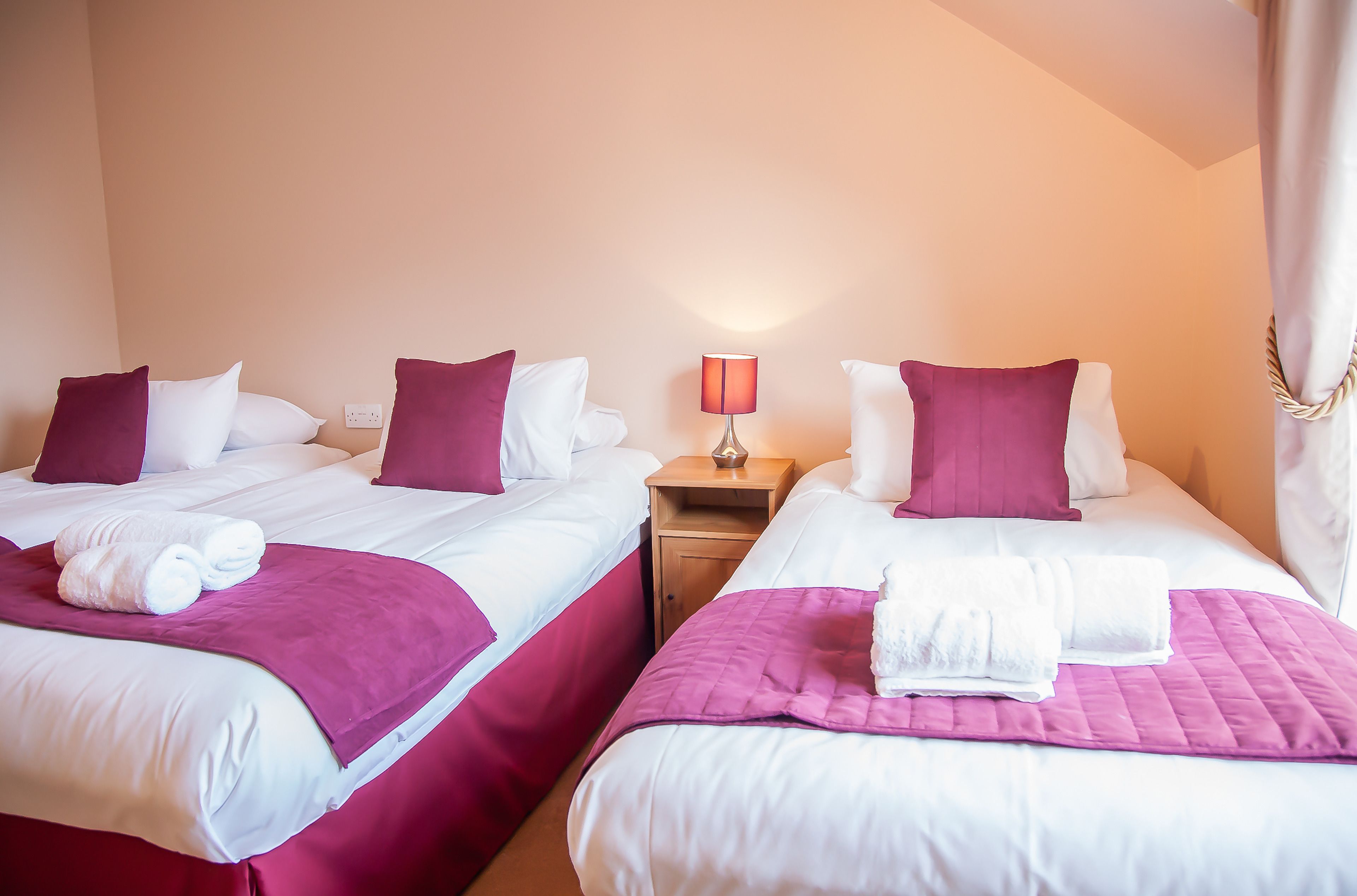 Une chambre d’hôtel avec deux lits, chacun agrémenté de draps blancs et de touches de couleur violette, une table de chevet avec une lampe et une fenêtre avec des rideaux.