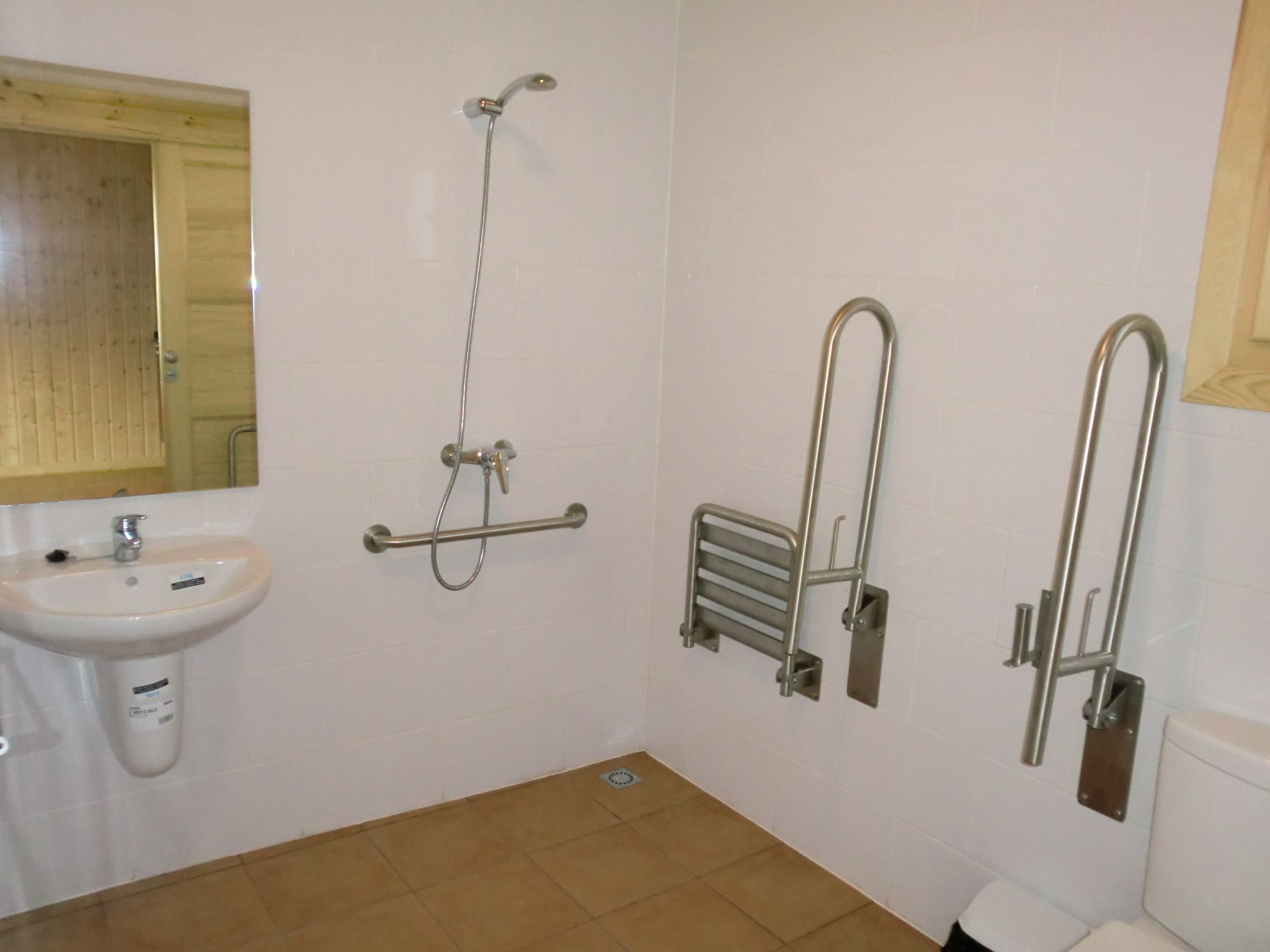 A bathroom with a sink, a shower with grab bars, and a toilet with a grab bar.