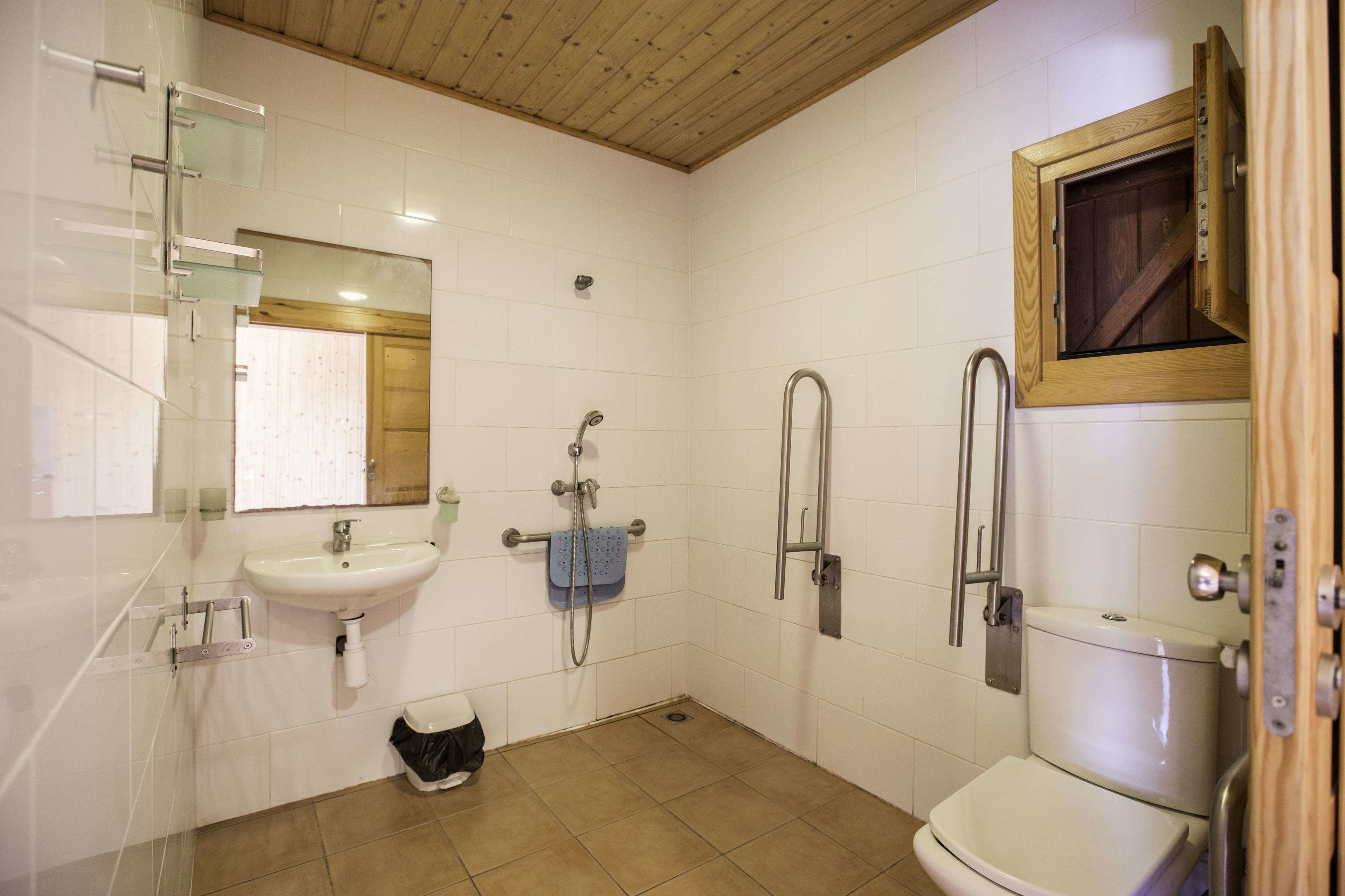 Ein Badezimmer mit Waschbecken, Toilette und Dusche.
