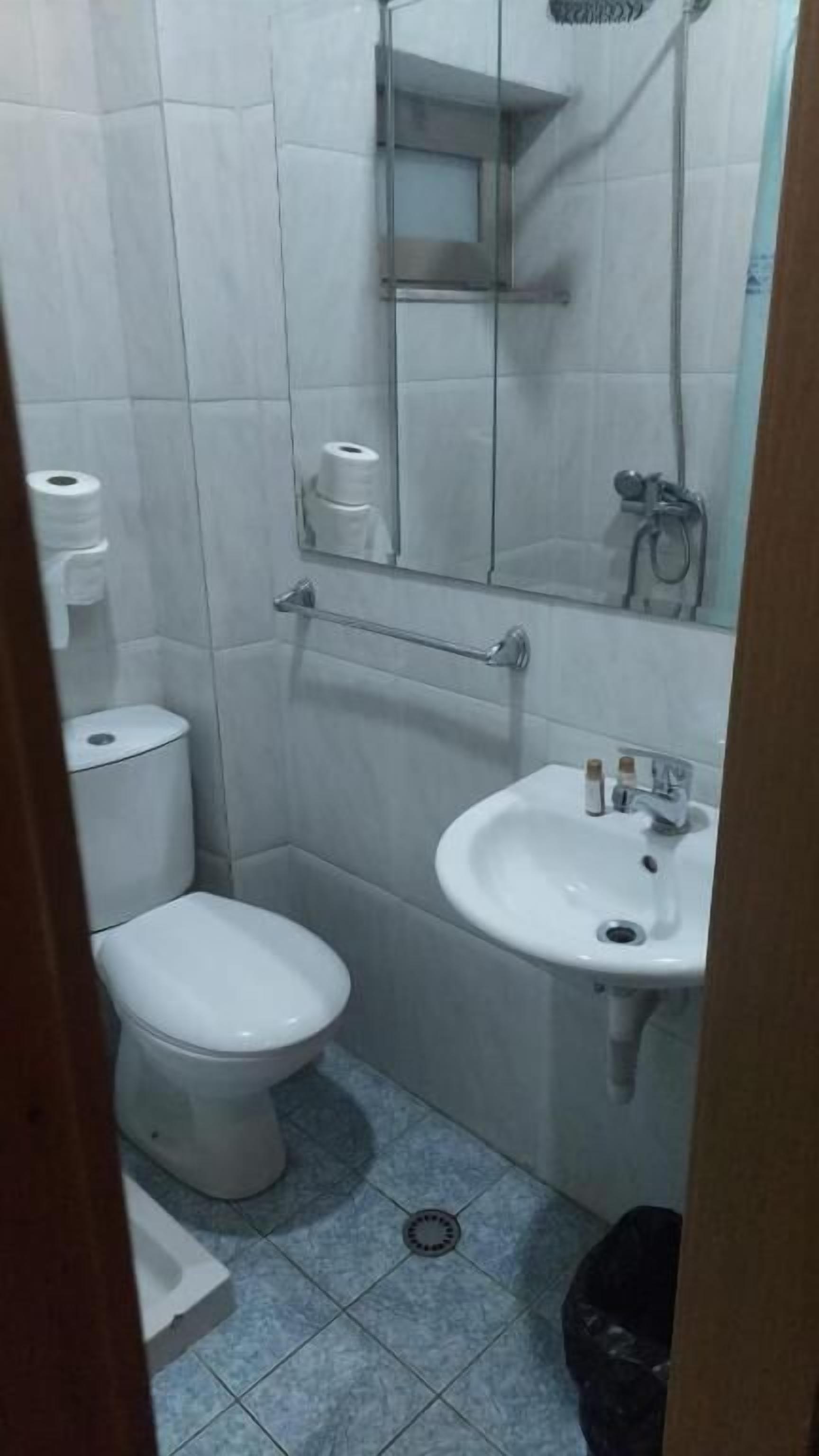 Une petite salle de bain compacte, équipée de toilettes, d’un lavabo et d’une douche.