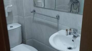 Une petite salle de bain compacte, équipée de toilettes, d’un lavabo et d’une douche.