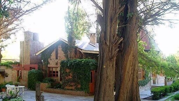 Une maison de campagne en pierre, avec un toit en pente, entourée de verdure et d’un grand arbre.