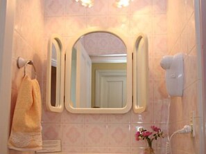 A bathroom with a mirror, a towel rack, a hairdryer, and a vase with flowers. - La Casona del Rio (Trelew)