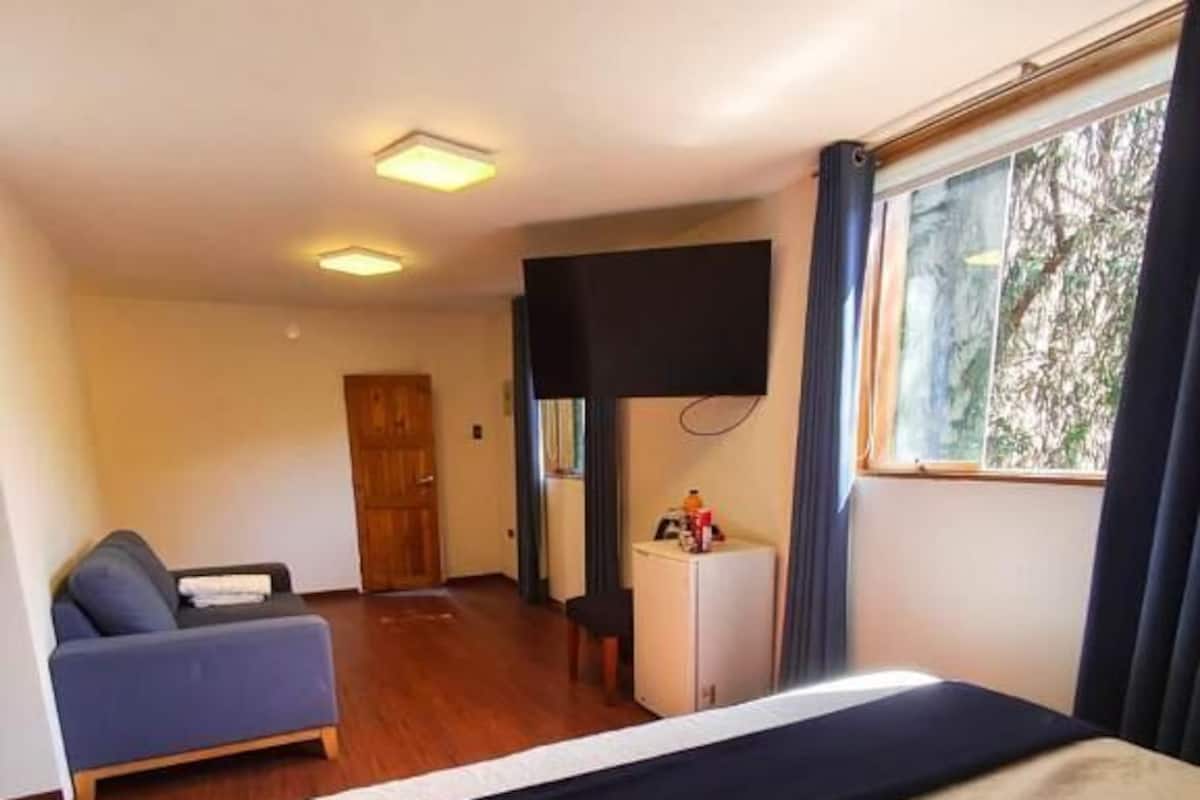 Ein Hotelzimmer mit einem Bett, einer Couch, einem Fernseher und einem Fenster mit Vorhängen.
