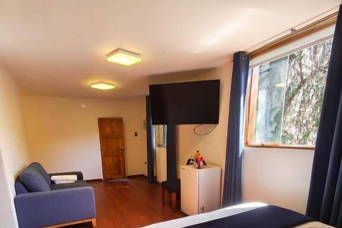 Una habitación de hotel con cama, sofá, televisión y ventana con cortinas.