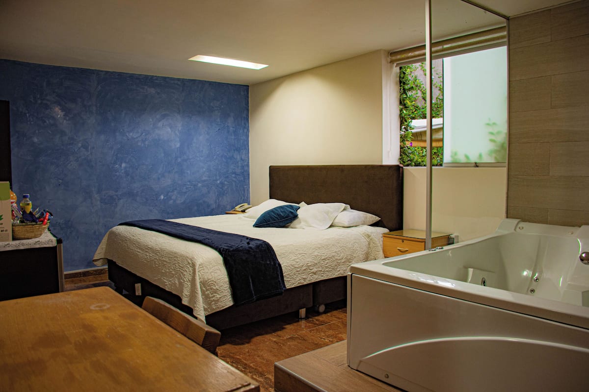 Ein Schlafzimmer mit Bett, Nachttisch, Fenster mit Blick und einer Badewanne.