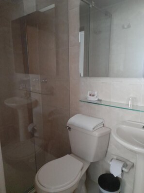 A bathroom with a toilet, sink, and glass shower enclosure.
