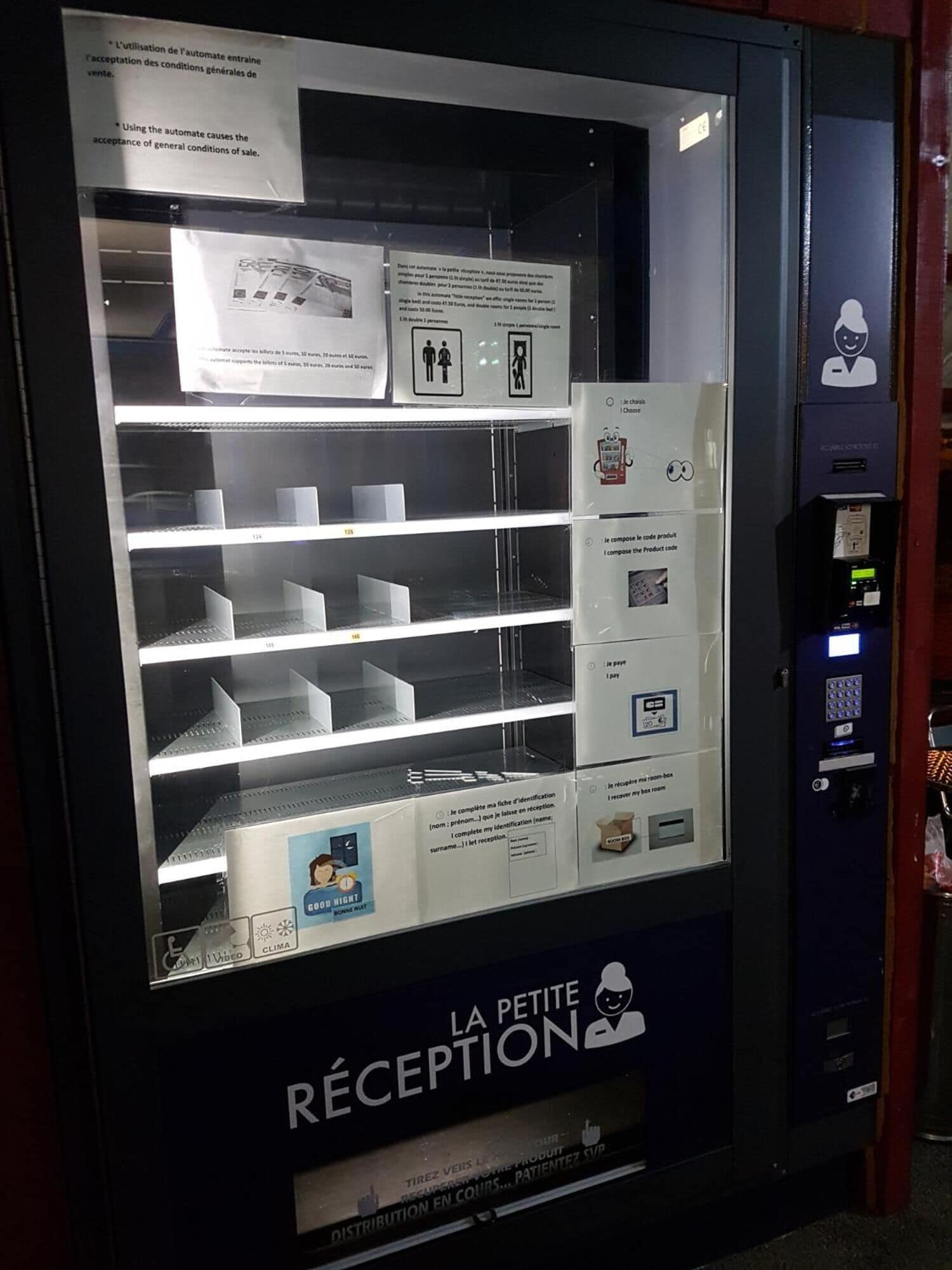 A self-service kiosk with multiple service options, including product code composition and payment.