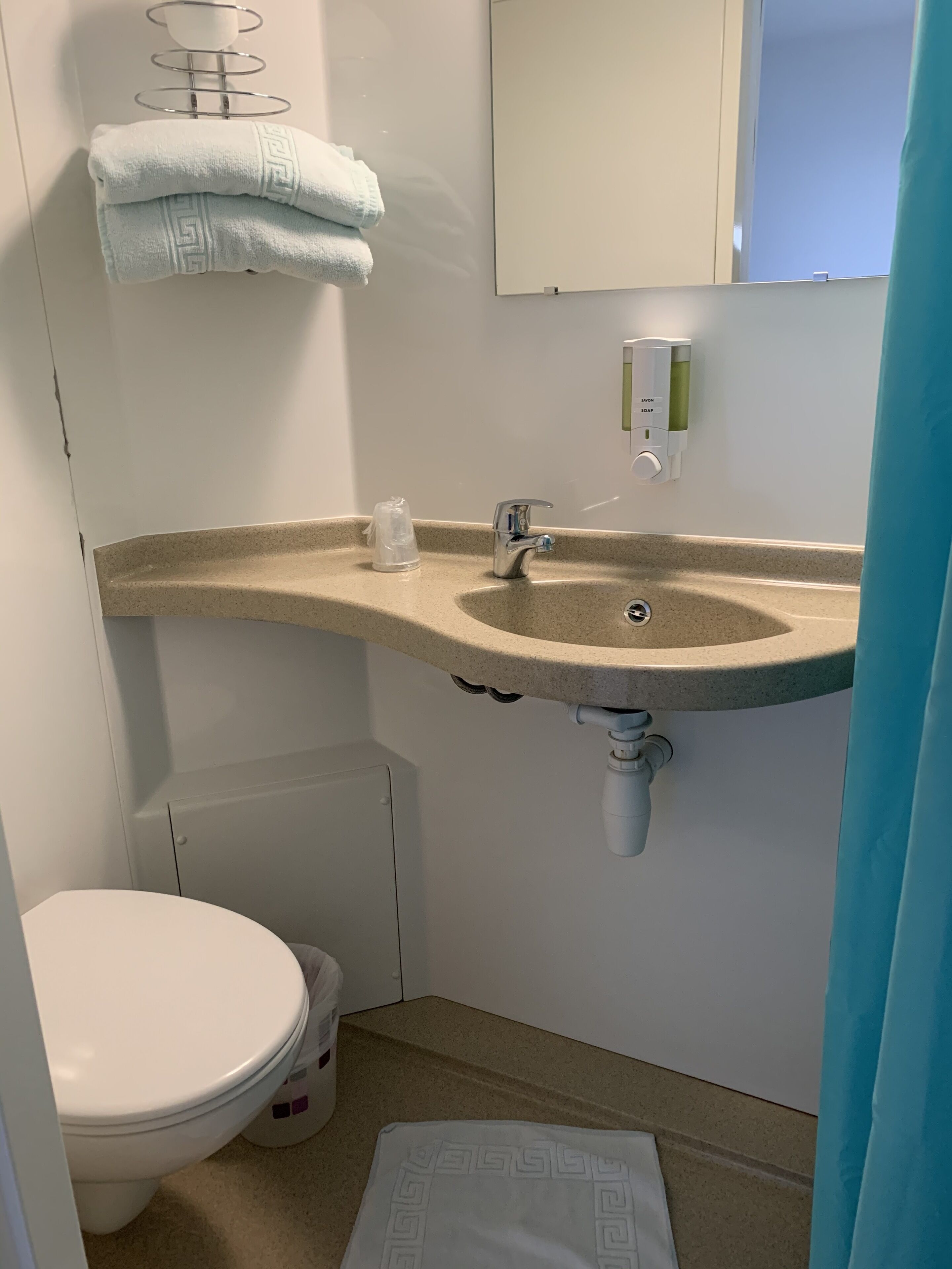 A bathroom with a sink, toilet, and a towel rack.