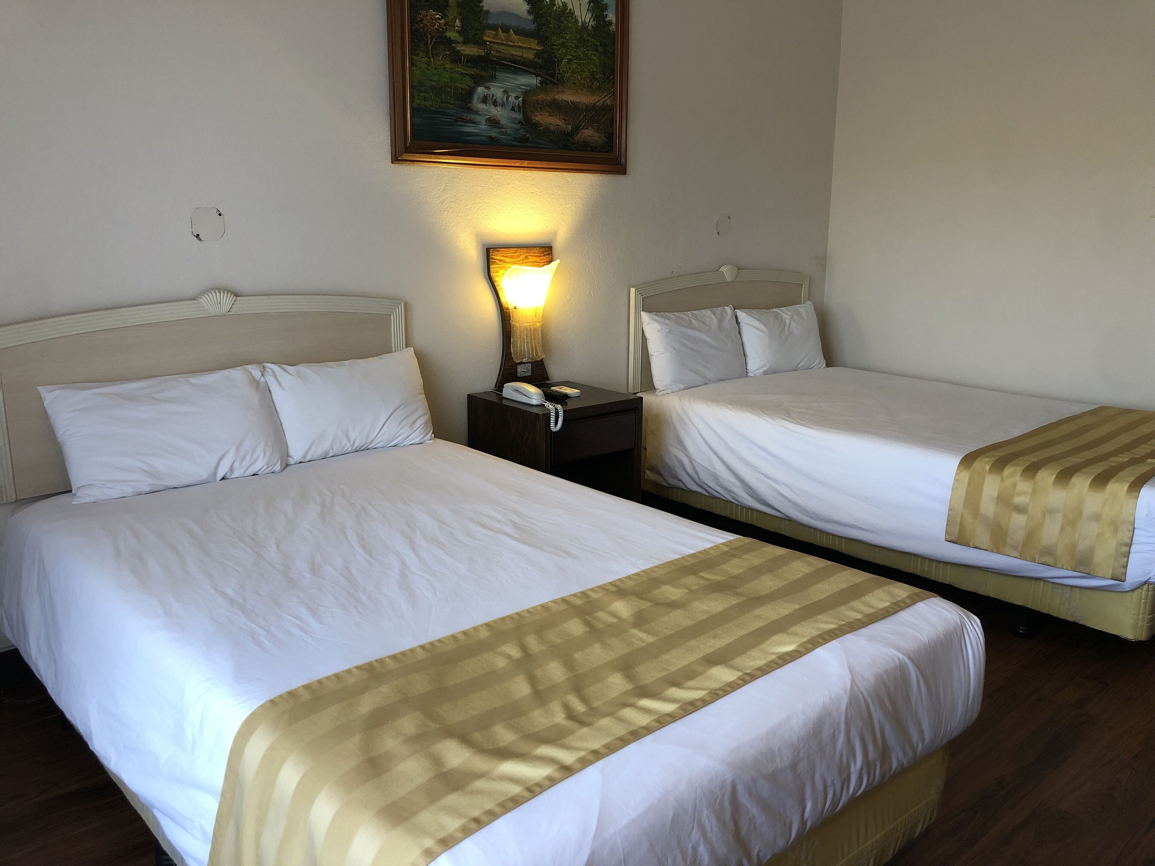 Habitación de hotel con dos camas, una mesita de noche con lámpara y un cuadro en la pared.