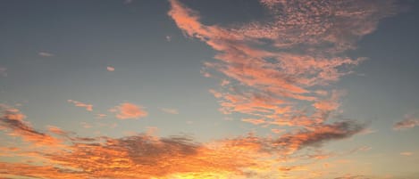 Ein Sonnenuntergang über dem Wasser, mit Silhouetten von Menschen und Palmen.