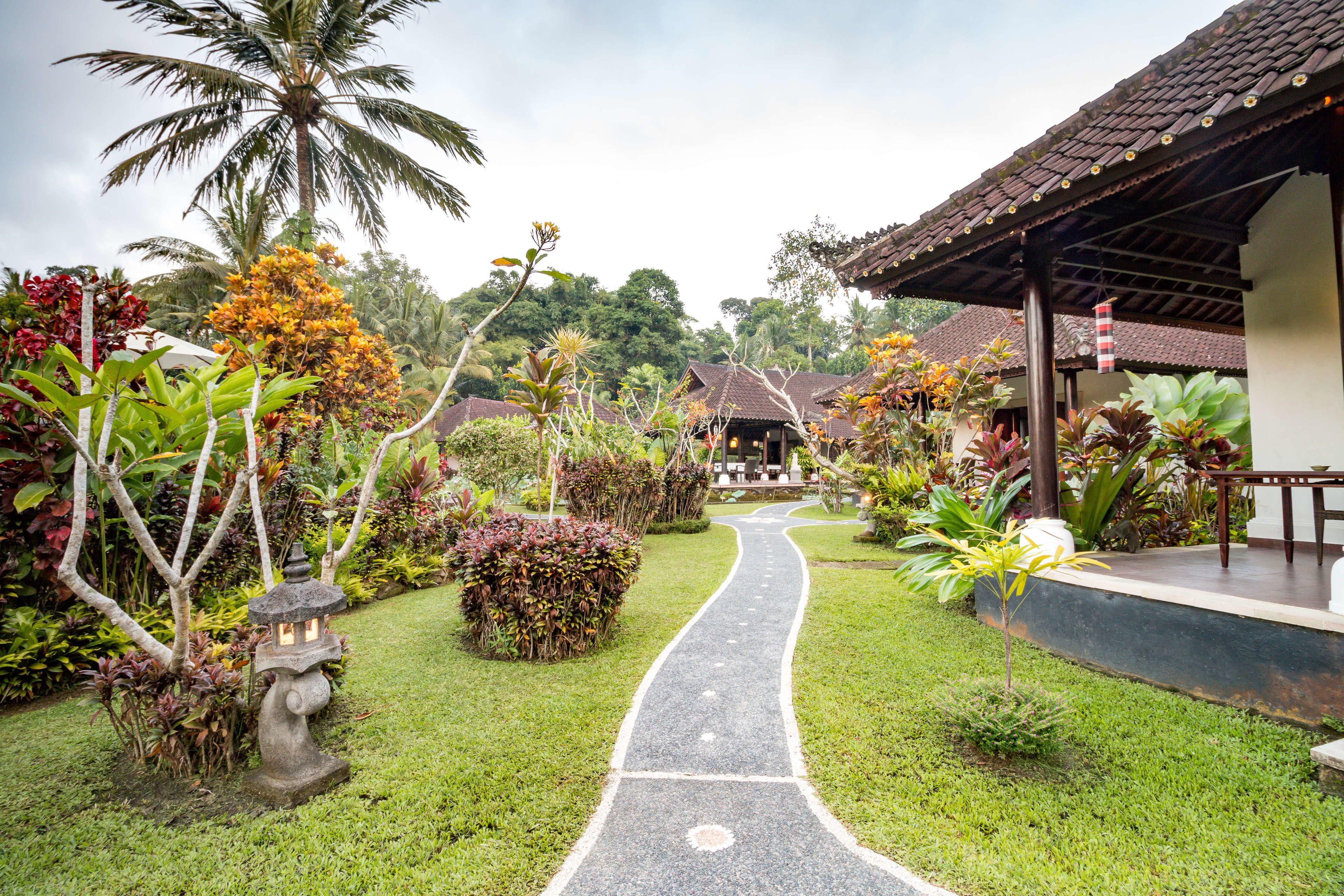A pathway leading to a building with a tiled roof, surrounded by lush greenery and palm trees.