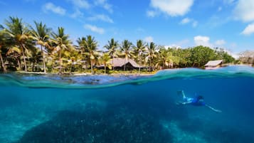 On the beach, sun-loungers, beach towels, snorkelling