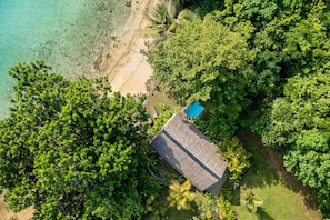 An aerial view of a secluded beach house surrounded by dense tropical foliage, with a clear blue ocean and a small pool.
