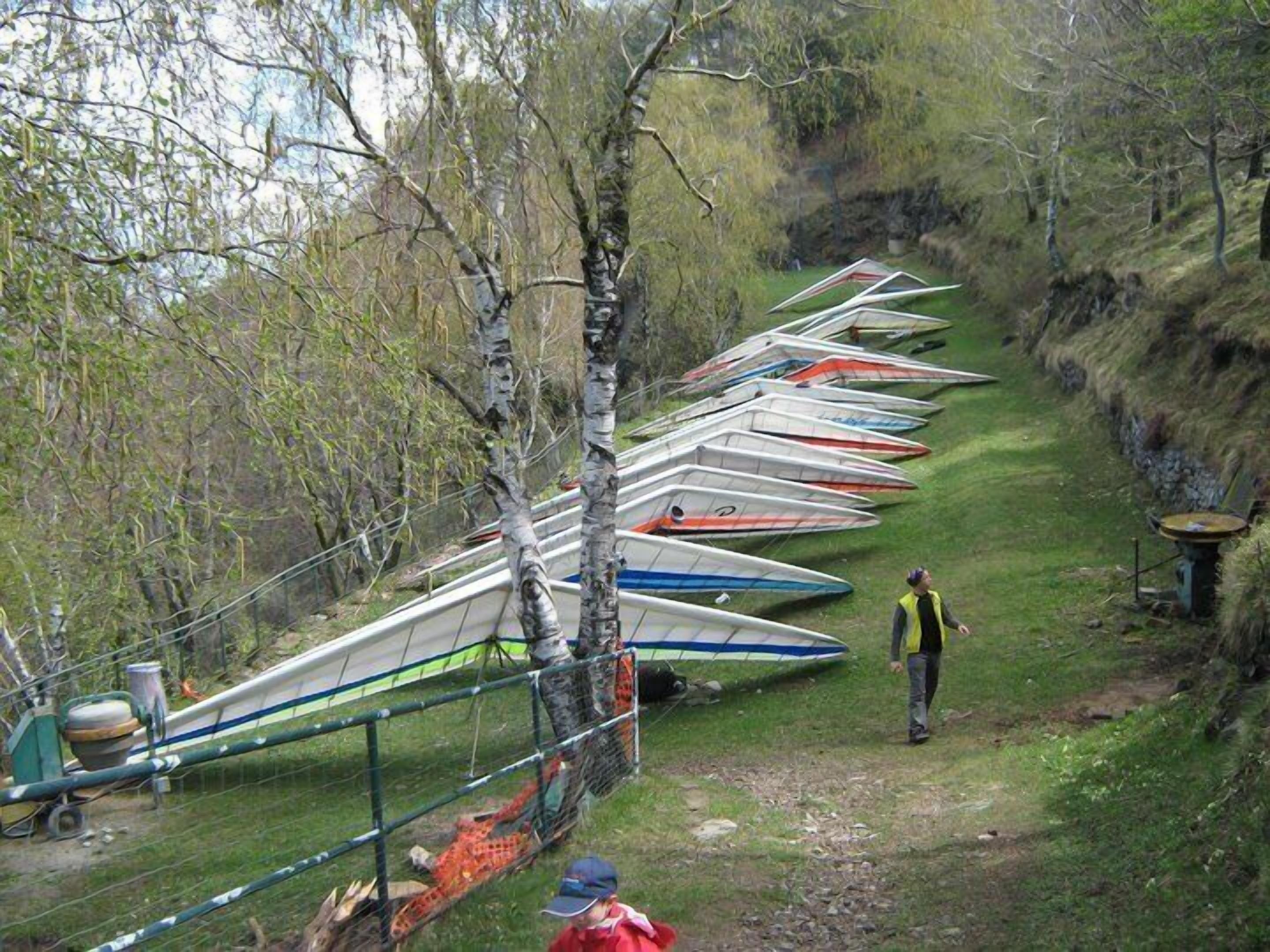 Uma fileira de canoas alinhadas numa trilha gramada, ao lado de uma cerca, com árvores e uma encosta rochosa ao fundo.