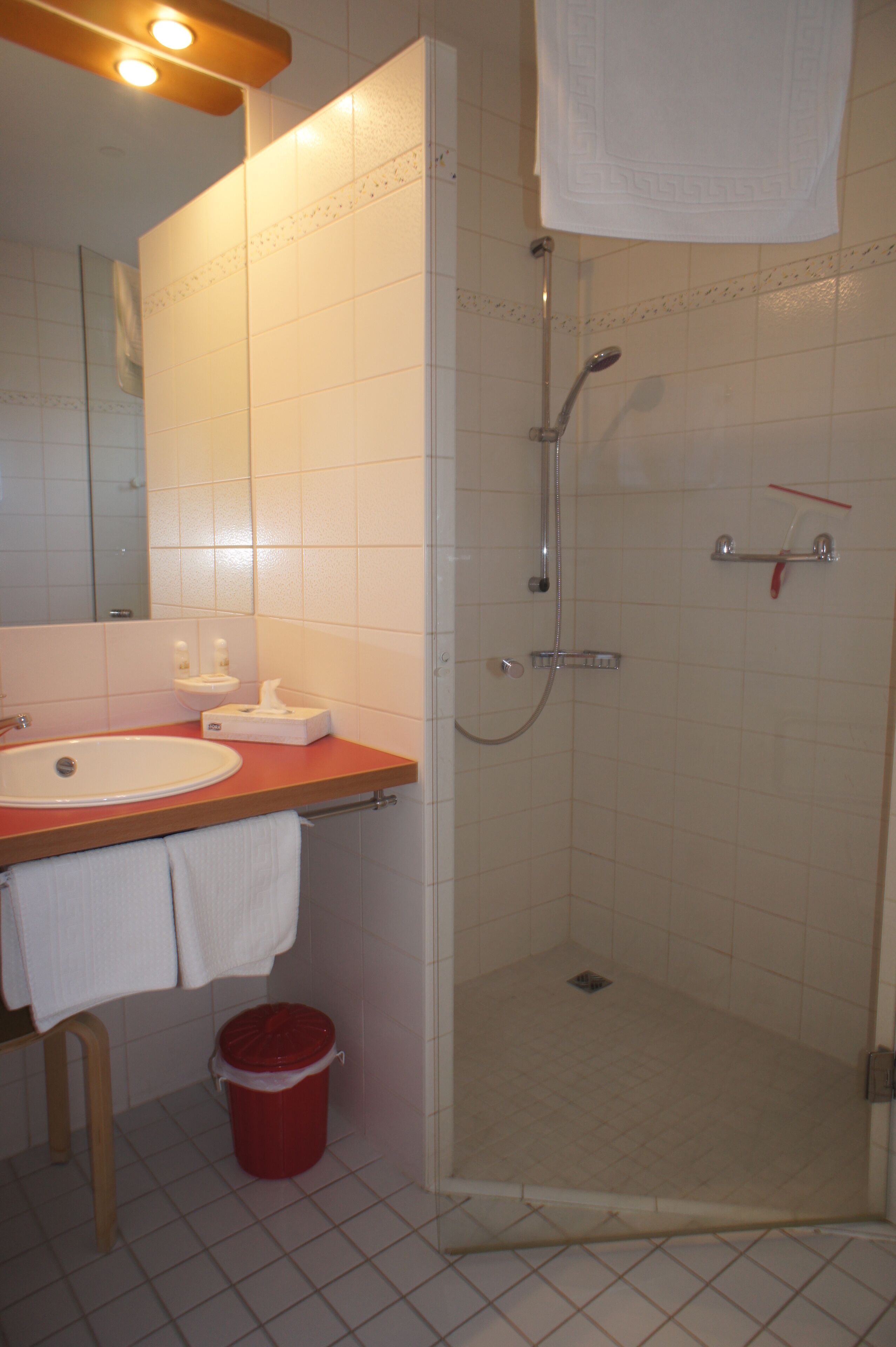 A bathroom with a sink, mirror, and shower.