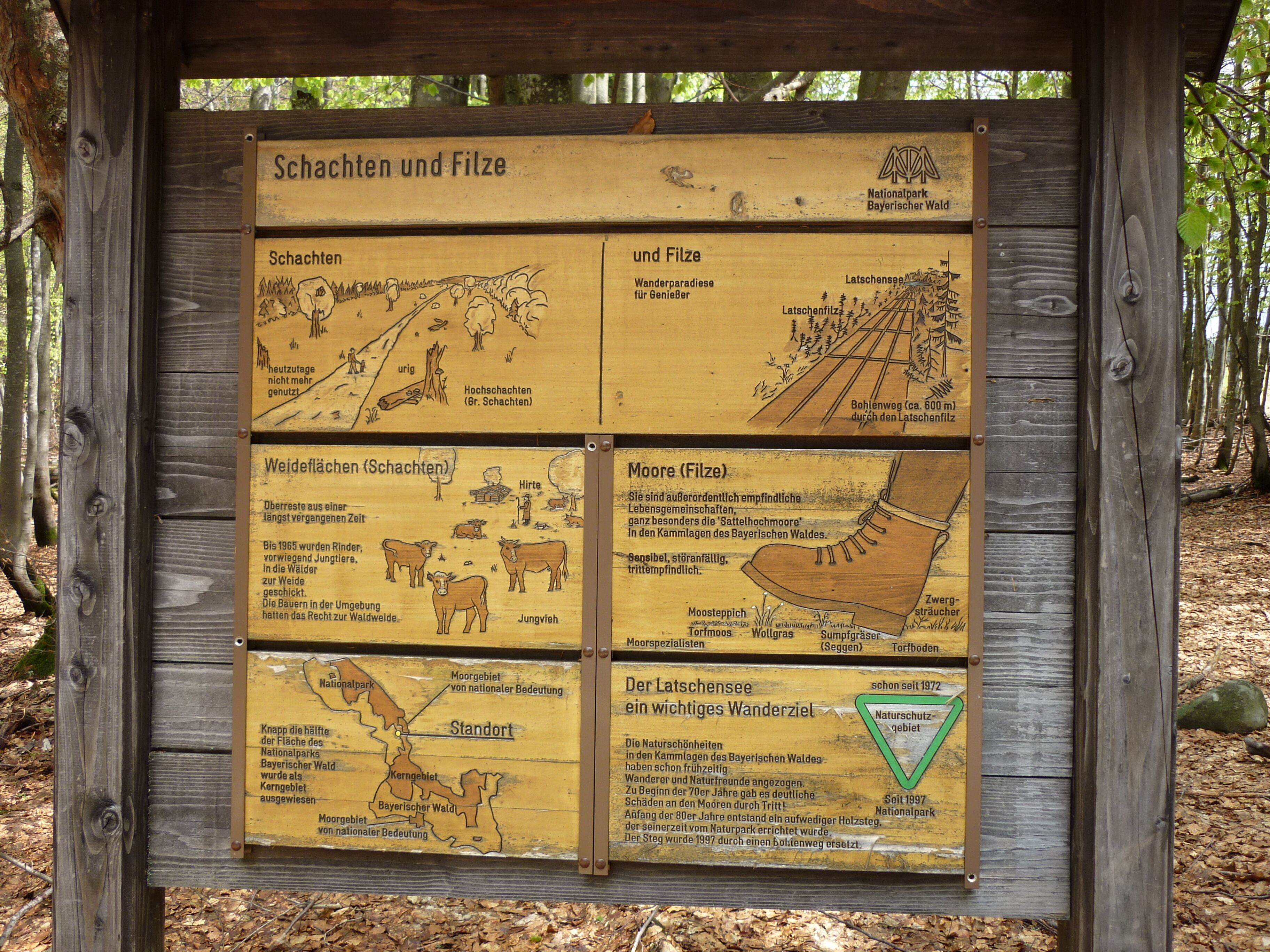 Un panneau d’information en bois, agrémenté de cartes et de textes sur Schachten et Filze, comprenant des informations sur les sentiers de randonnée et des notes historiques.