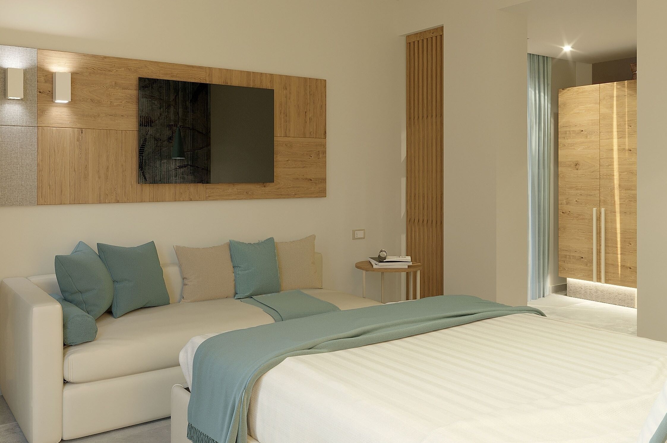 A modern bedroom with a large bed, a sofa, a wooden accent wall, and a mirror.