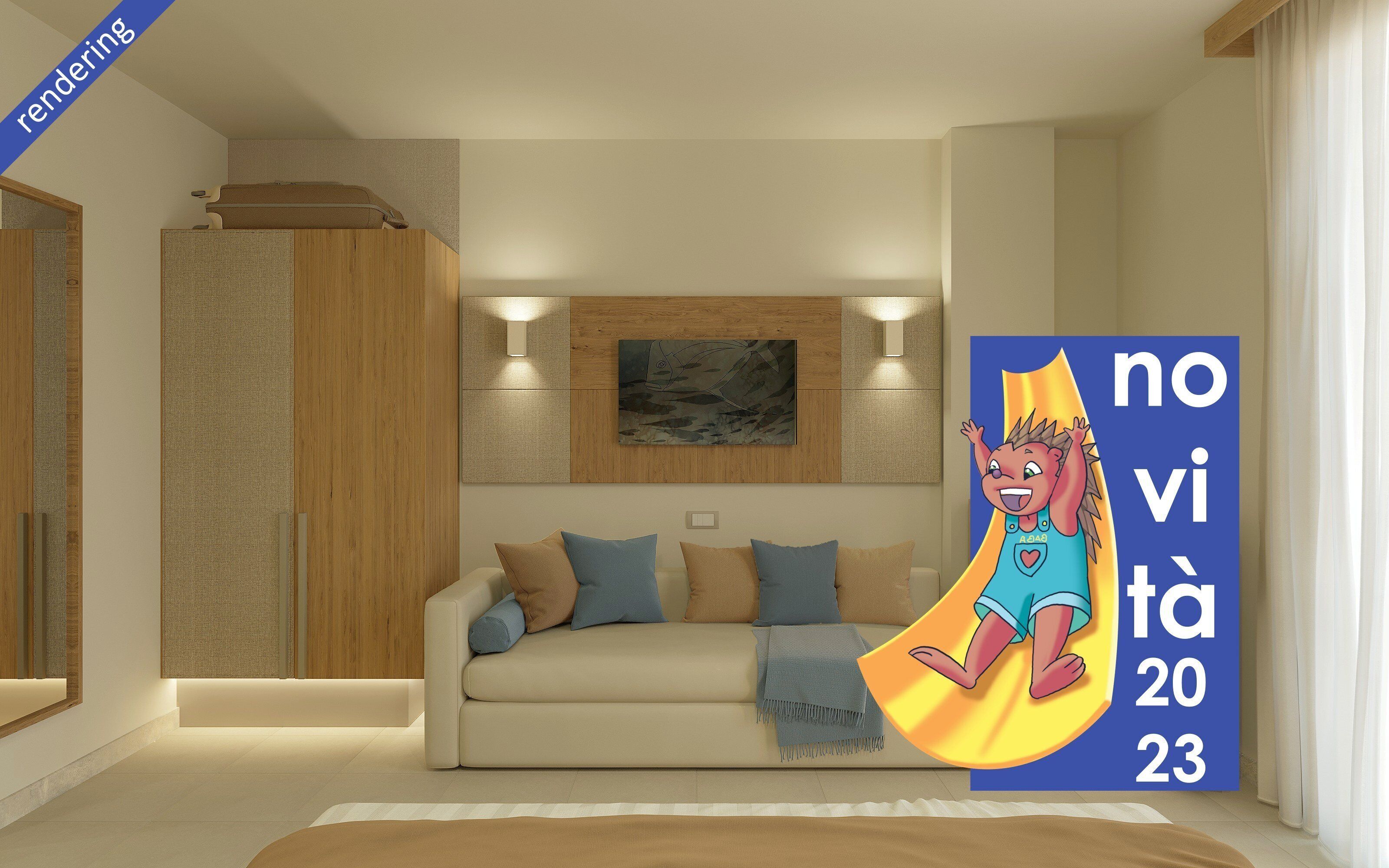 Een moderne woonkamer met een beige bank, blauwe kussens en een houten accentmuur.