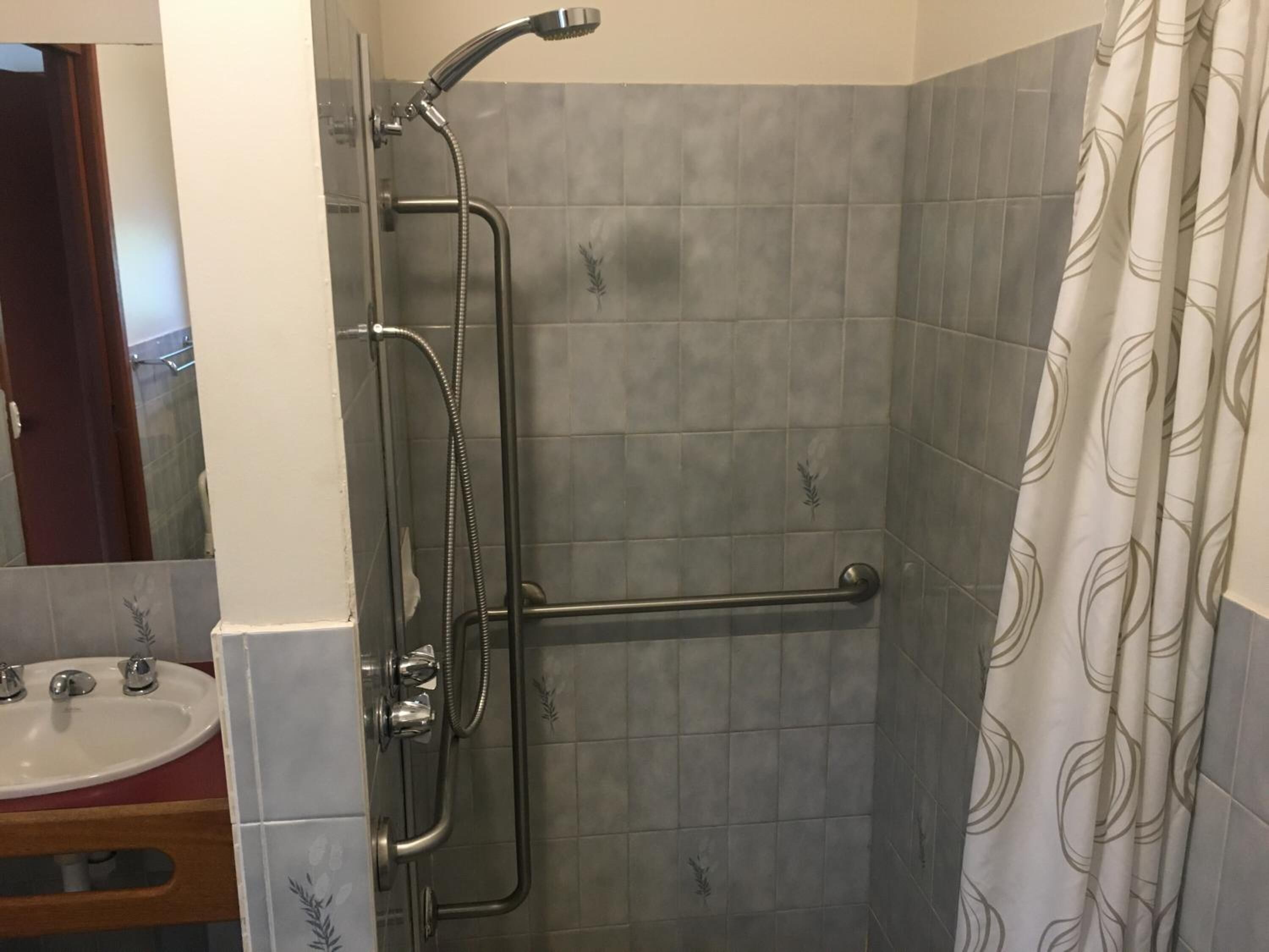 Een douche met een handdouche en een flexibele slang, een wastafel met glazen spatwand, en een handdoekrek.