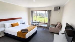 Habitación de hotel con cama, escritorio, televisor, silla y ventana con vista a la vegetación.