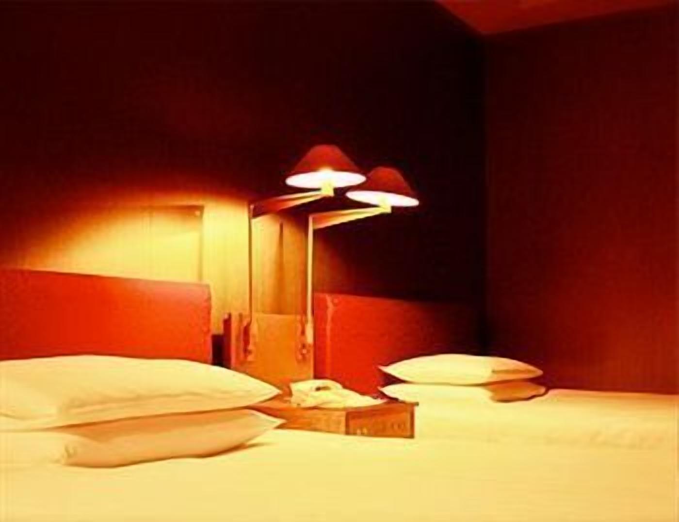 A hotel room with a bed, pillows, a bedside table, and a lamp.