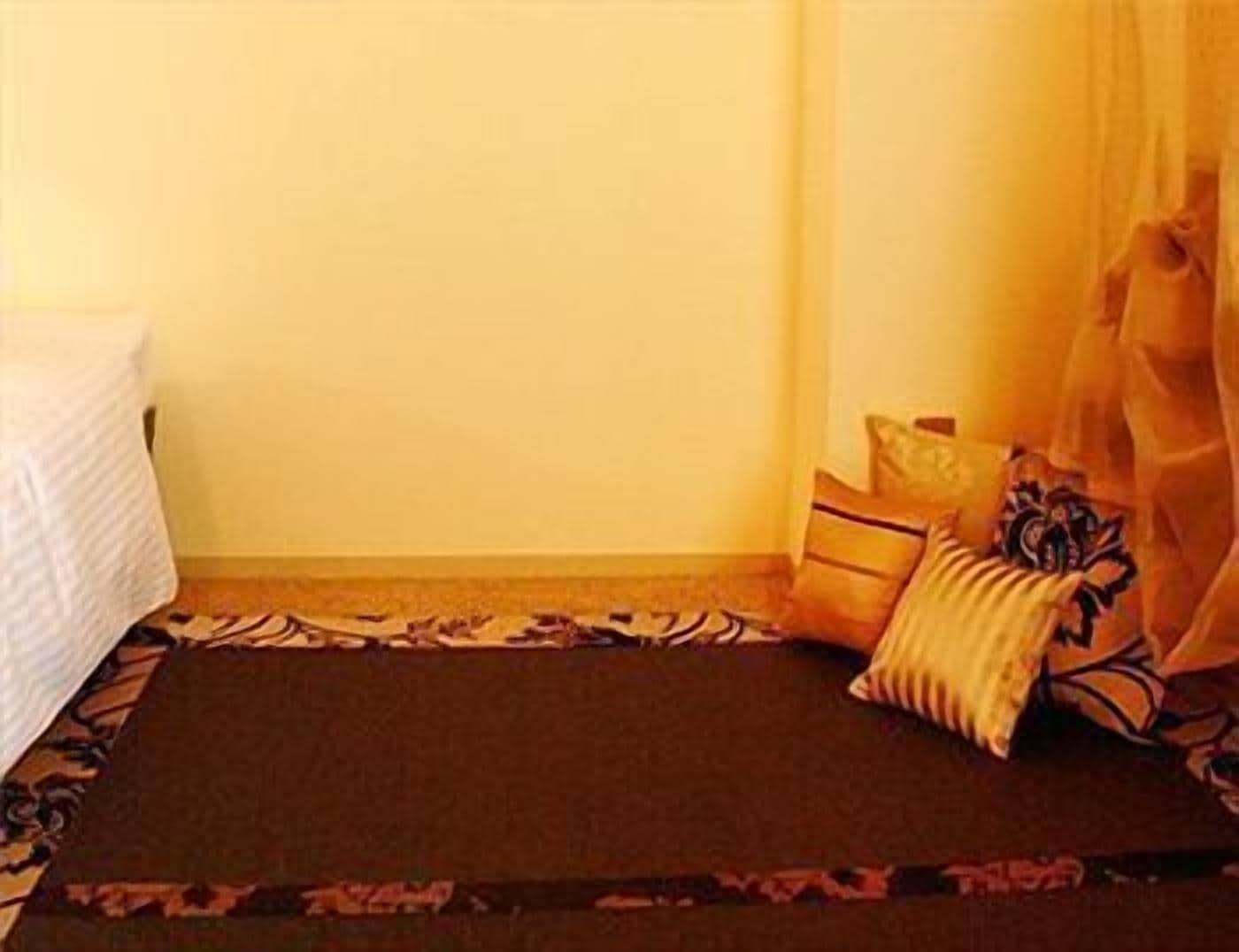 A room with a bed, a dark rug, and a few pillows.