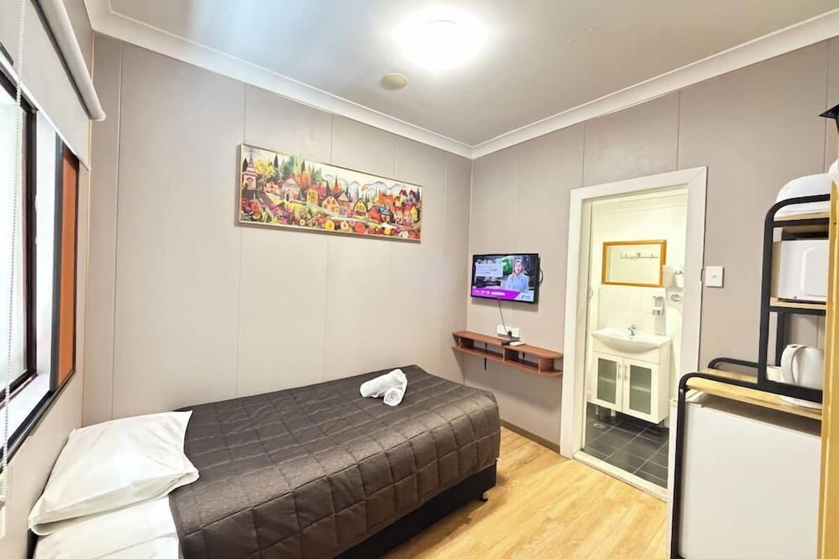 Un dormitorio con cama, televisión, un cuadro, un lavamanos y un mueble pequeño.