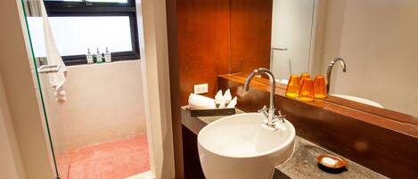 Une salle de bain avec un grand lavabo, un miroir et une douche en verre.