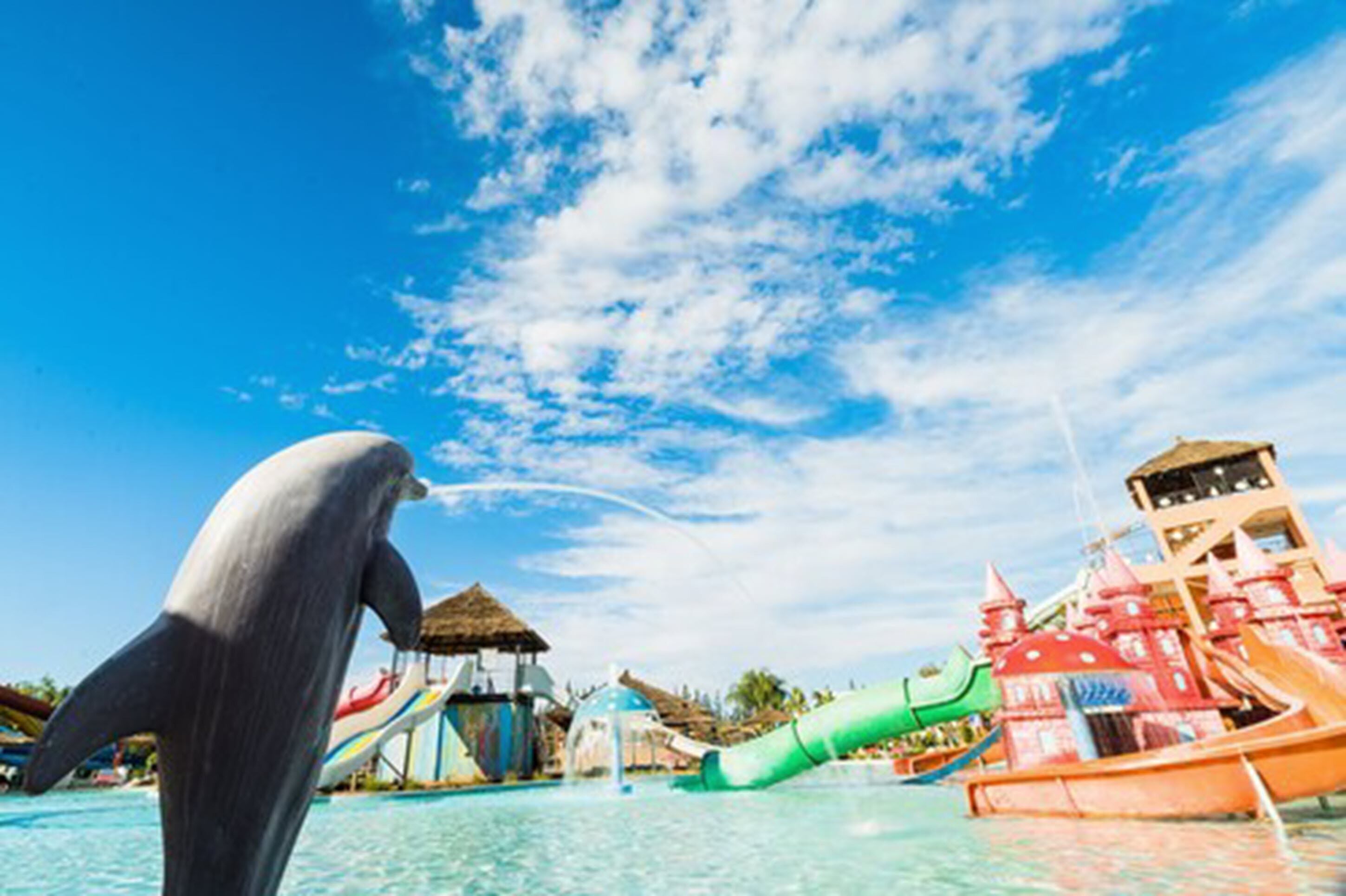 Un parc aquatique doté d’une statue de dauphin, de toboggans et d’une structure ressemblant à un château.