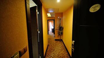 A hotel corridor with a carpeted floor, a potted plant, and a door with a sign.