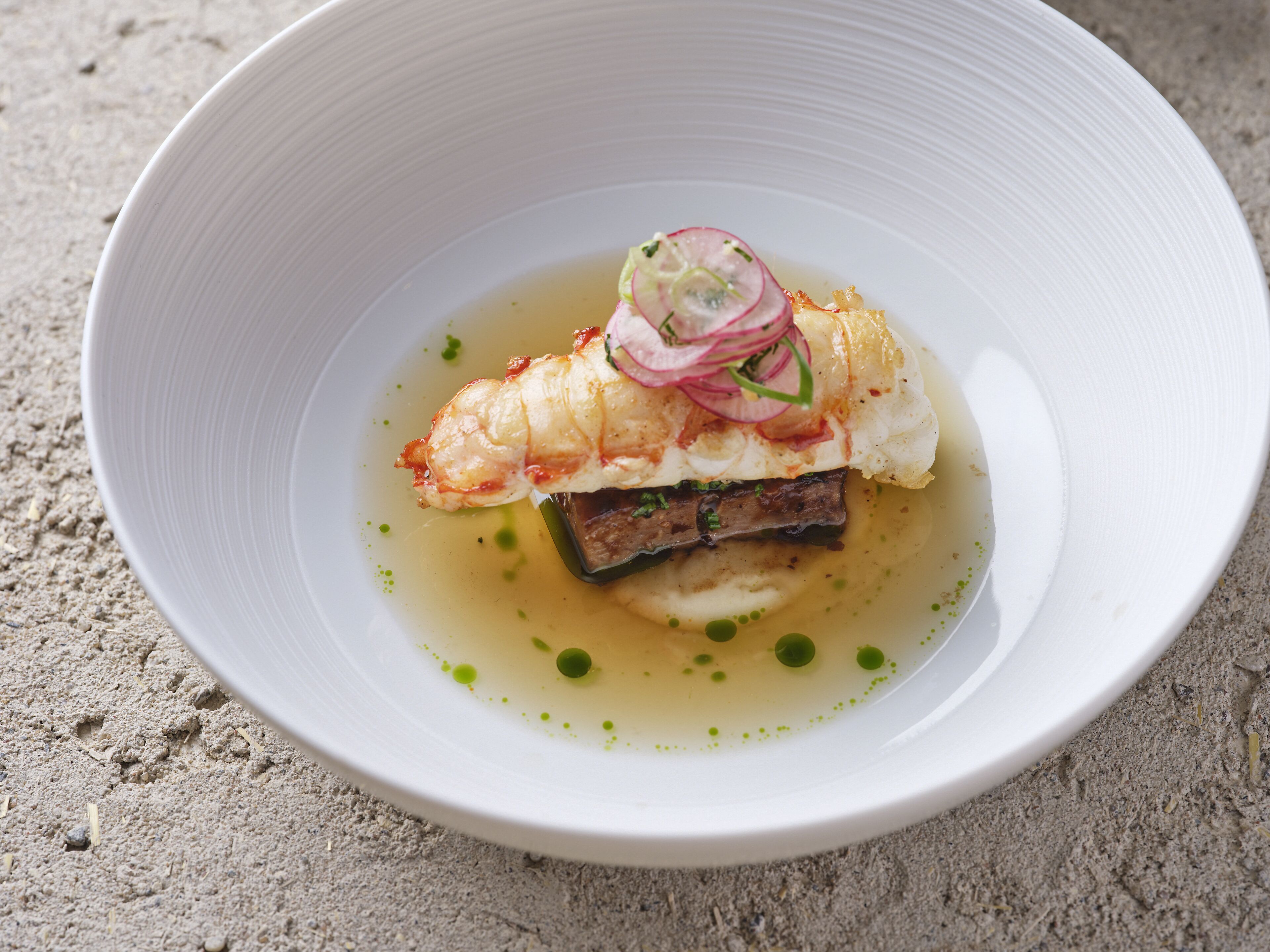 A white bowl with a seafood dish, possibly lobster, garnished with radish and green herbs, on a textured surface.