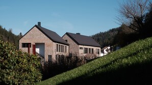 A modern two-story house with a brick exterior, a red door, and a sloped roof.