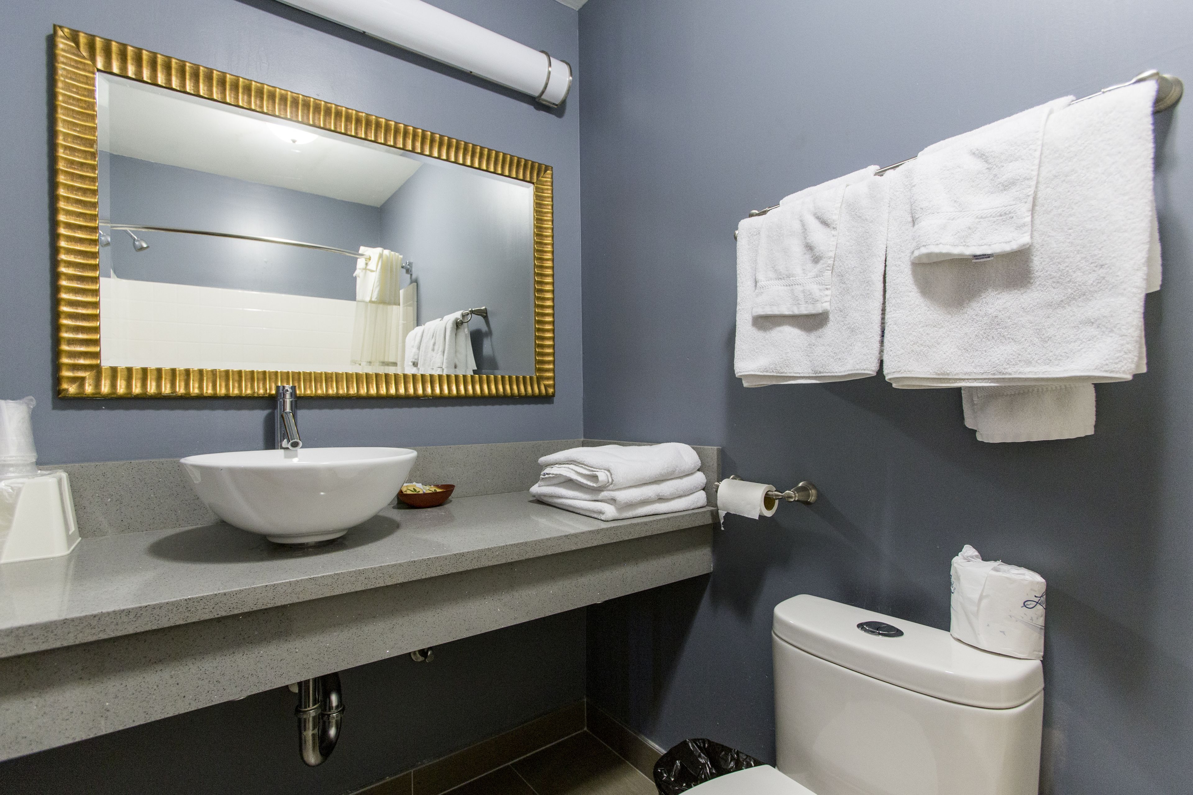 A bathroom with a white sink, a large mirror with a gold frame, a towel rack with white towels, and a toilet.