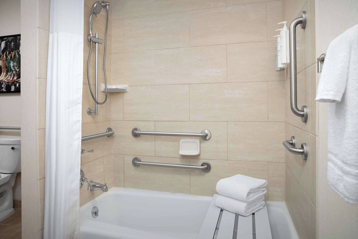 shower, free toiletries, hair dryer, towels