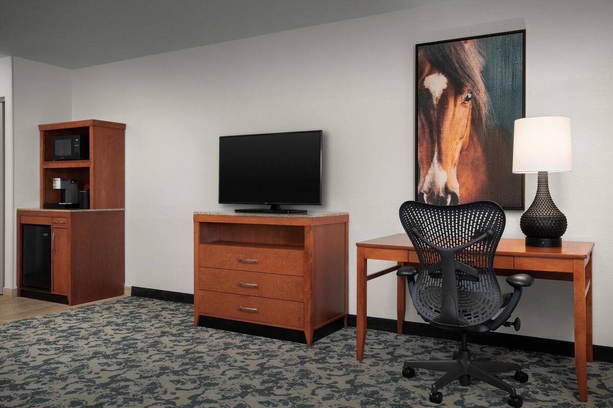 A hotel room with a flat-screen TV, wooden desk, office chair, lamp, bookshelf, and a painting on the wall.